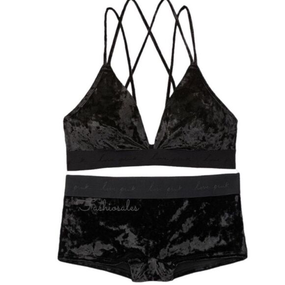 Victorias Secret Pink Set Velvet Lightly Lined Strappy bralette XL & boy short L - Picture 1 of 9